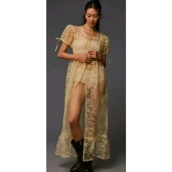 Anthropologie Sheer Short-Sleeve Organza Maxi Dress Yellow BNWT size Small Fairy - Picture 2 of 10